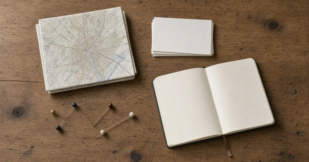 Editorial photograph of a map, blank cards, an open notebook and connected pins, showing several ways to look for work, with no logos and no text.