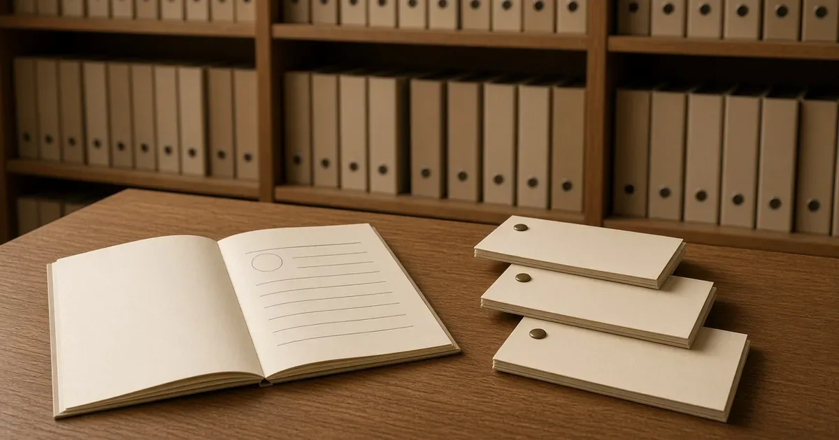 Editorial photograph of an open CV and three ranked cards in front of shelves of plain folders, with no logos and no text.