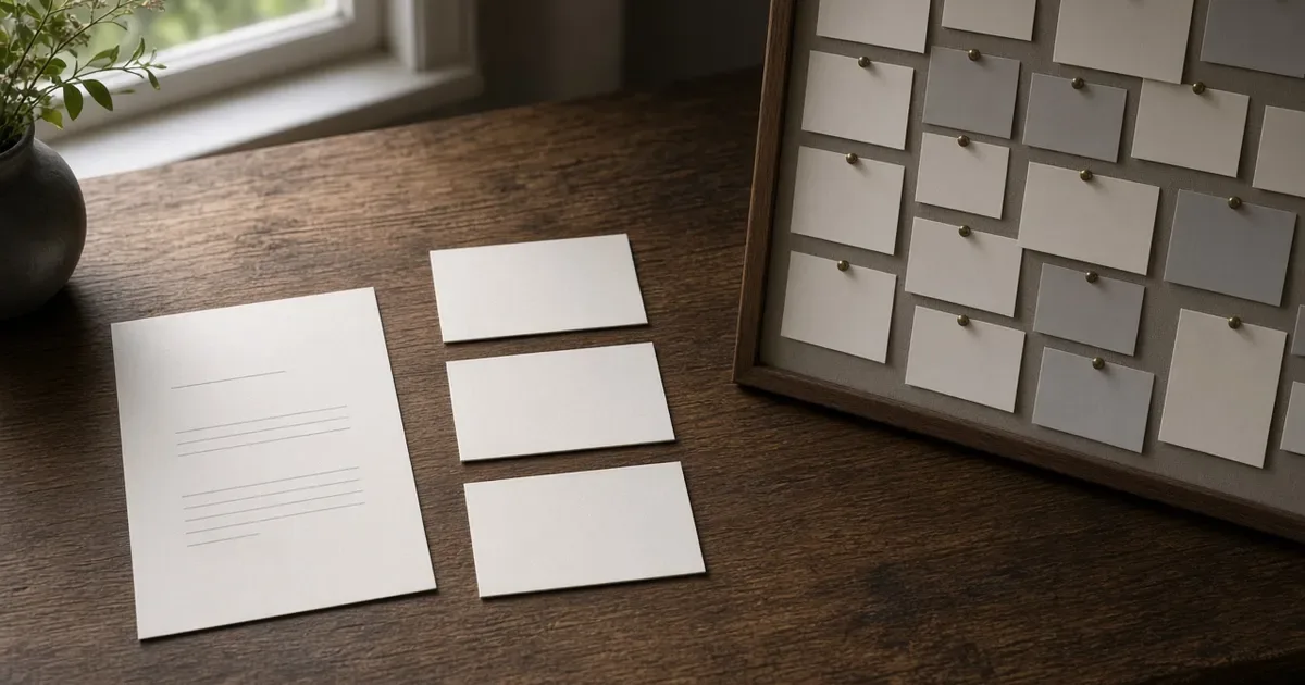 Editorial photograph of one CV and three ordered cards beside a crowded board of blank vacancy cards, with no logos and no text.