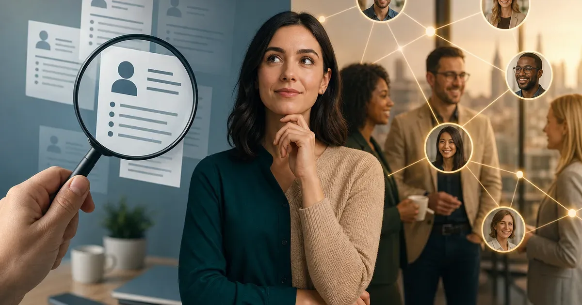 Editorial comparison illustration for job search approaches: CV analysis on one side and professional networking connections and recruiter discovery on the other, modern business visual, no logos, no text — Job Matches